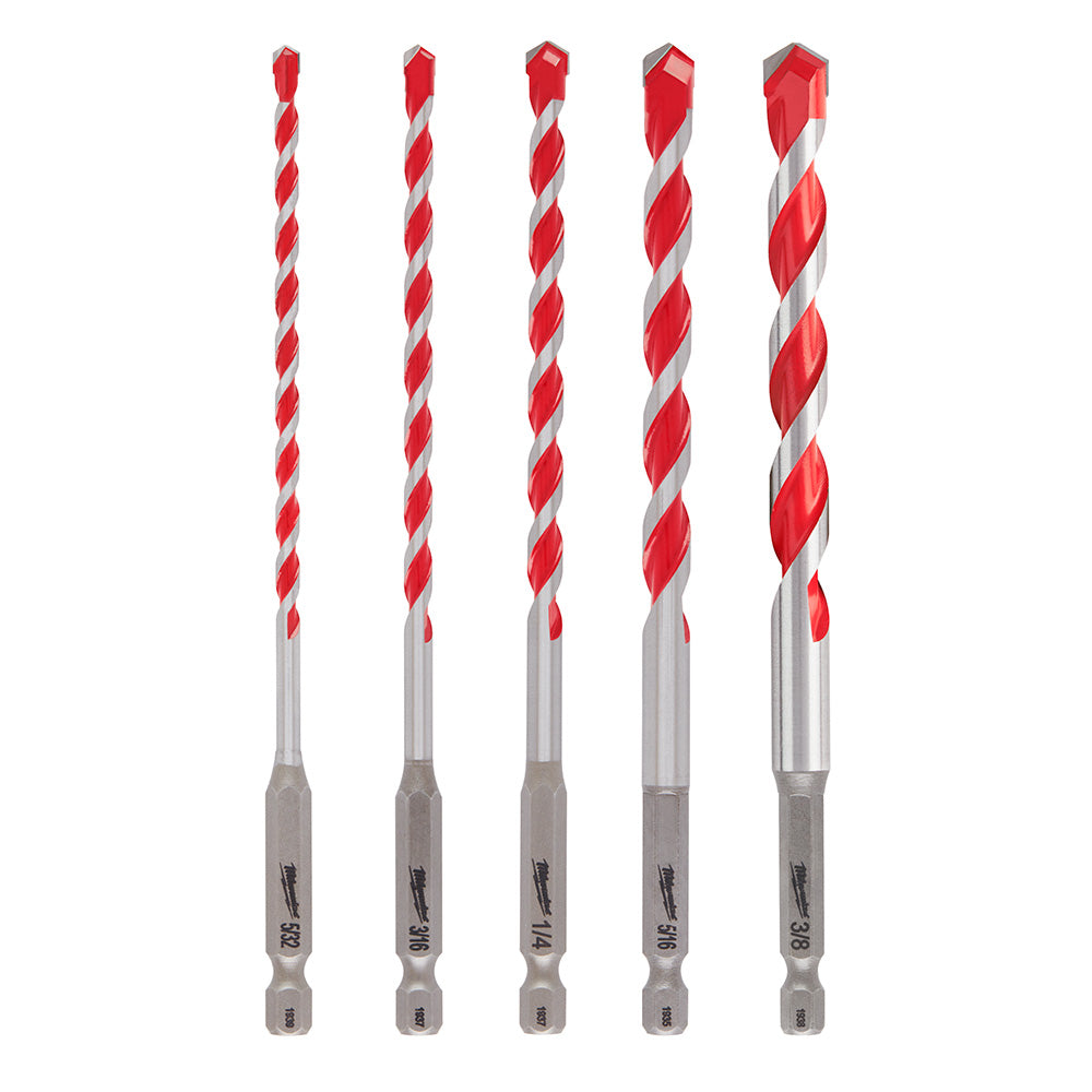 Five red and silver carbide hammer drill bits in varying sizes arranged in a line.