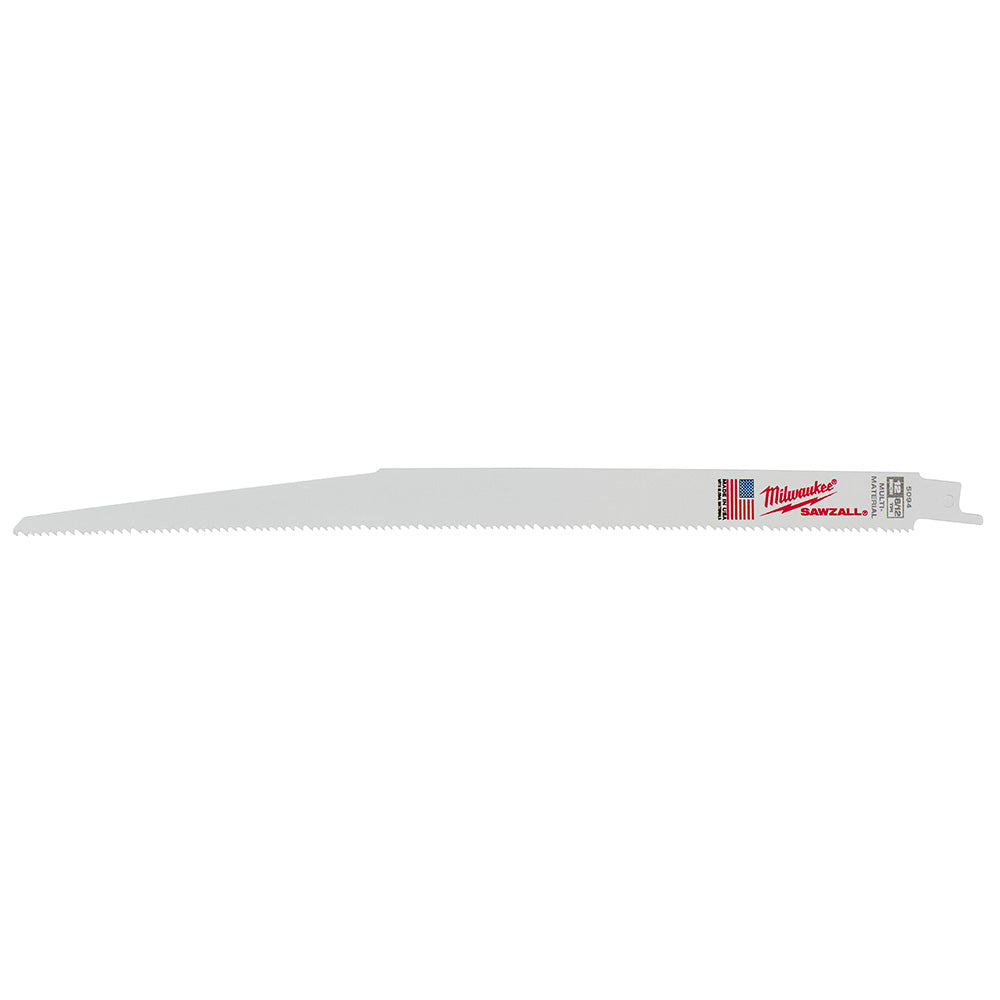 Milwaukee 12-inch SAWZALL reciprocating saw blade with serrated cutting edge and red branding label.