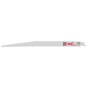 Milwaukee 12-inch SAWZALL reciprocating saw blade with serrated cutting edge and red branding label.