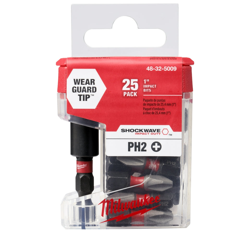 Milwaukee Shockwave Impact Phillips #2 bits 25-pack with black bit holder and red accents.