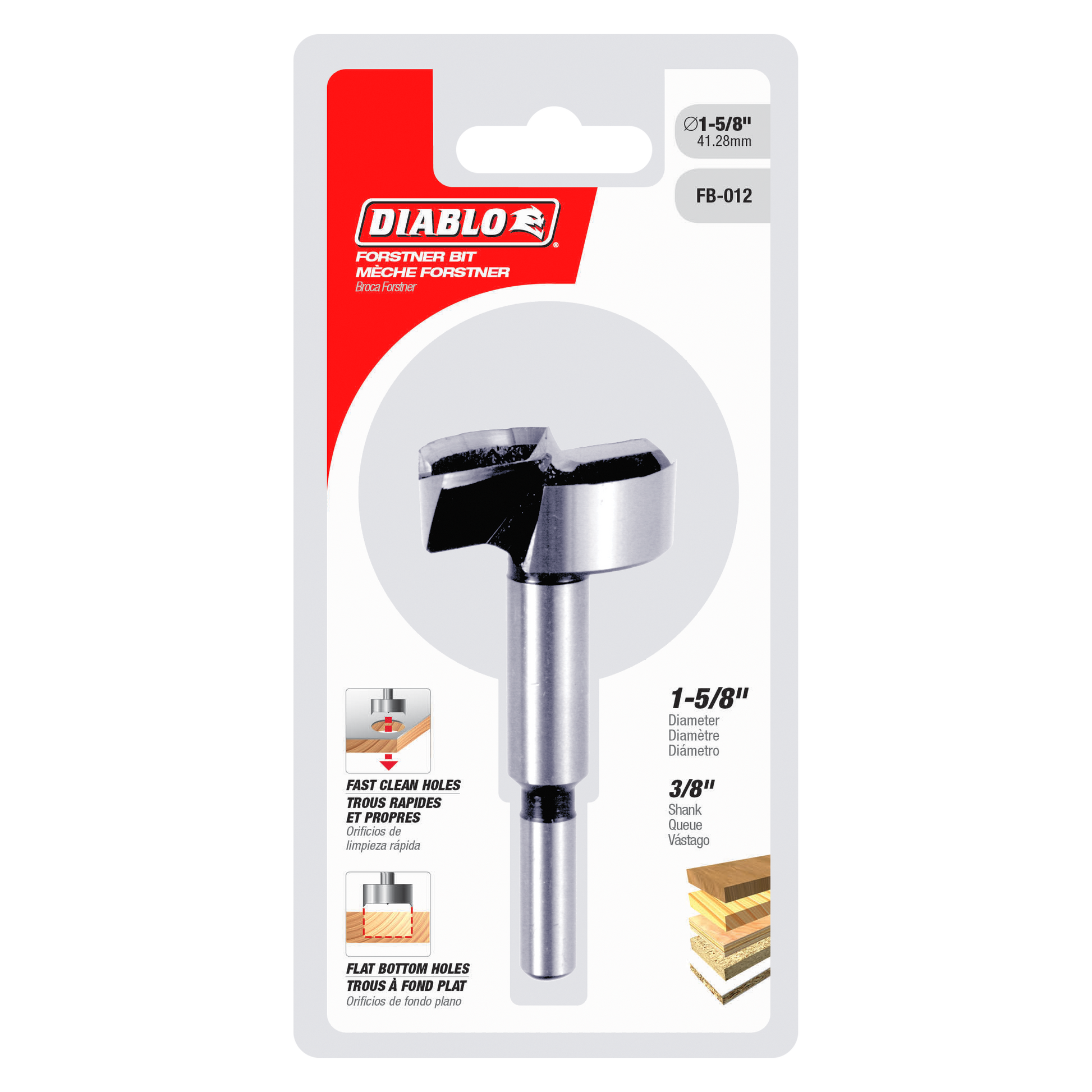 Diablo FB-012 Forstner bit with 1-5/8 inch diameter and 3/8 inch shank on retail packaging.