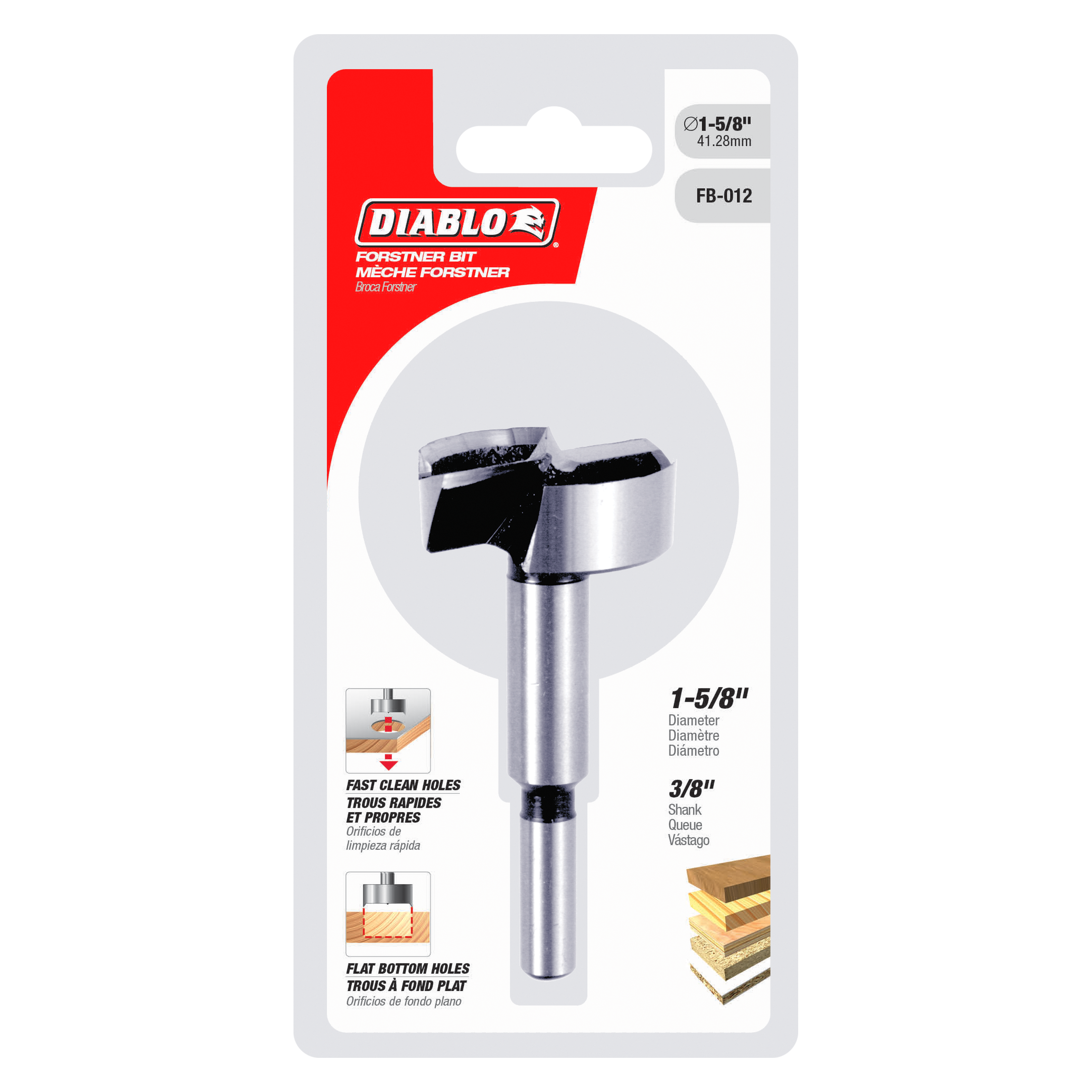 Diablo FB-012 Forstner bit with 1-5/8 inch diameter and 3/8 inch shank on retail packaging.