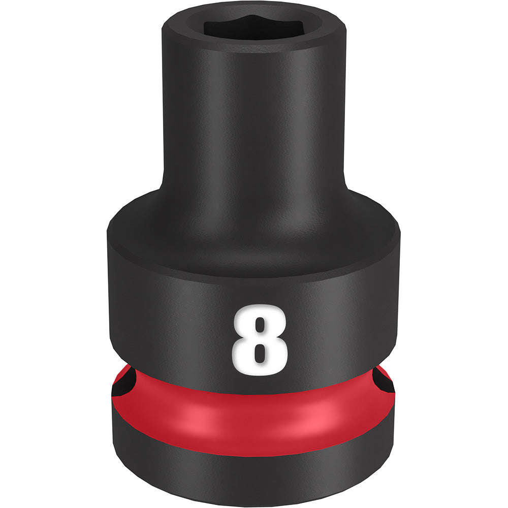 Black and red 8MM socket with 1/2" drive and six-point opening.