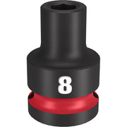 Black and red 8MM socket with 1/2" drive and six-point opening.