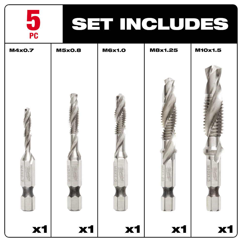 Five metric impact drill taps in sizes M4x0.7, M5x0.8, M6x1.0, M8x1.25, and M10x1.5 with hex shanks.