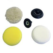 Five polishing and sanding pads in cream, yellow, and white with black backing plates and adapter.