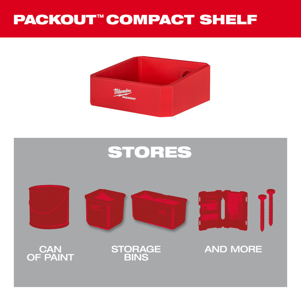 Red PACKOUT compact shelf unit with open rectangular storage compartment and Milwaukee branding.