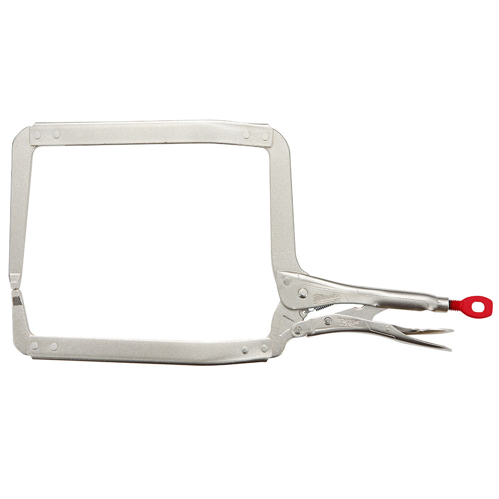 Milwaukee 18-inch locking clamp with deep jaws and red trigger handle.