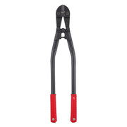 Black and gray bolt cutter with red handles and metal cutting jaws at the top.