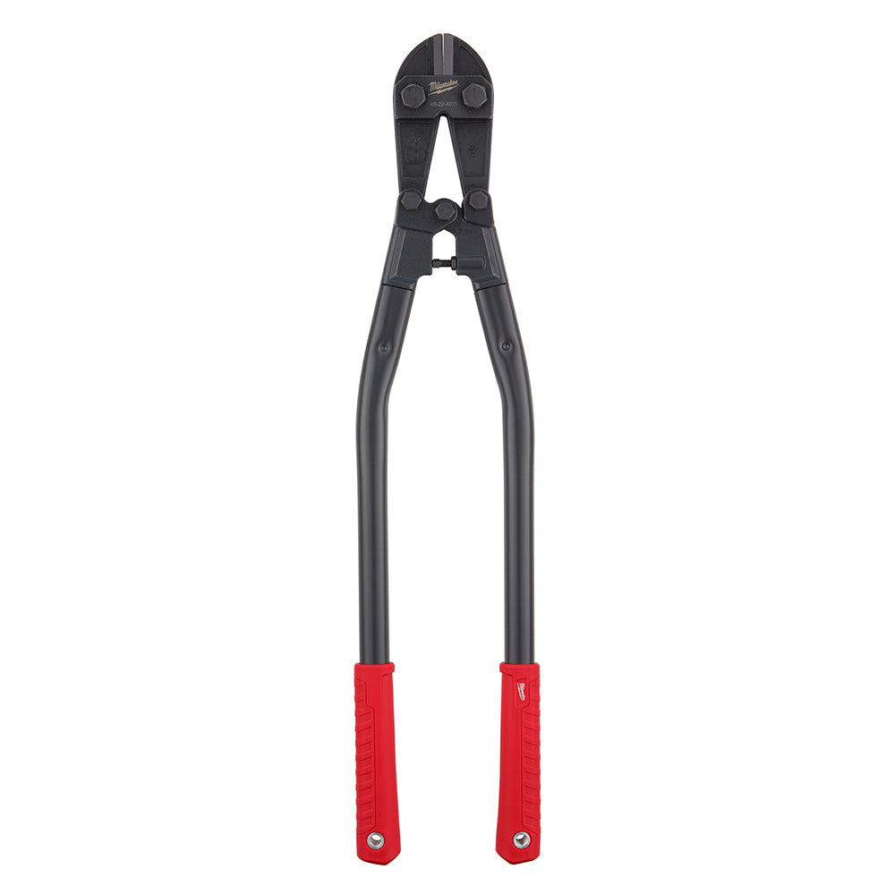 Black and gray bolt cutter with red handles and metal cutting jaws at the top.