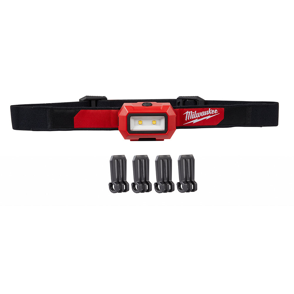 Red and black Milwaukee headlamp with two LED lights and black elastic head strap, with four battery clips below.
