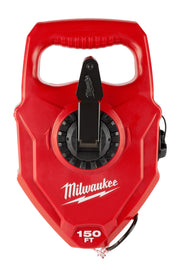 Red Milwaukee chalk reel with black center mechanism, dual handles, and 150 ft capacity marking on housing.