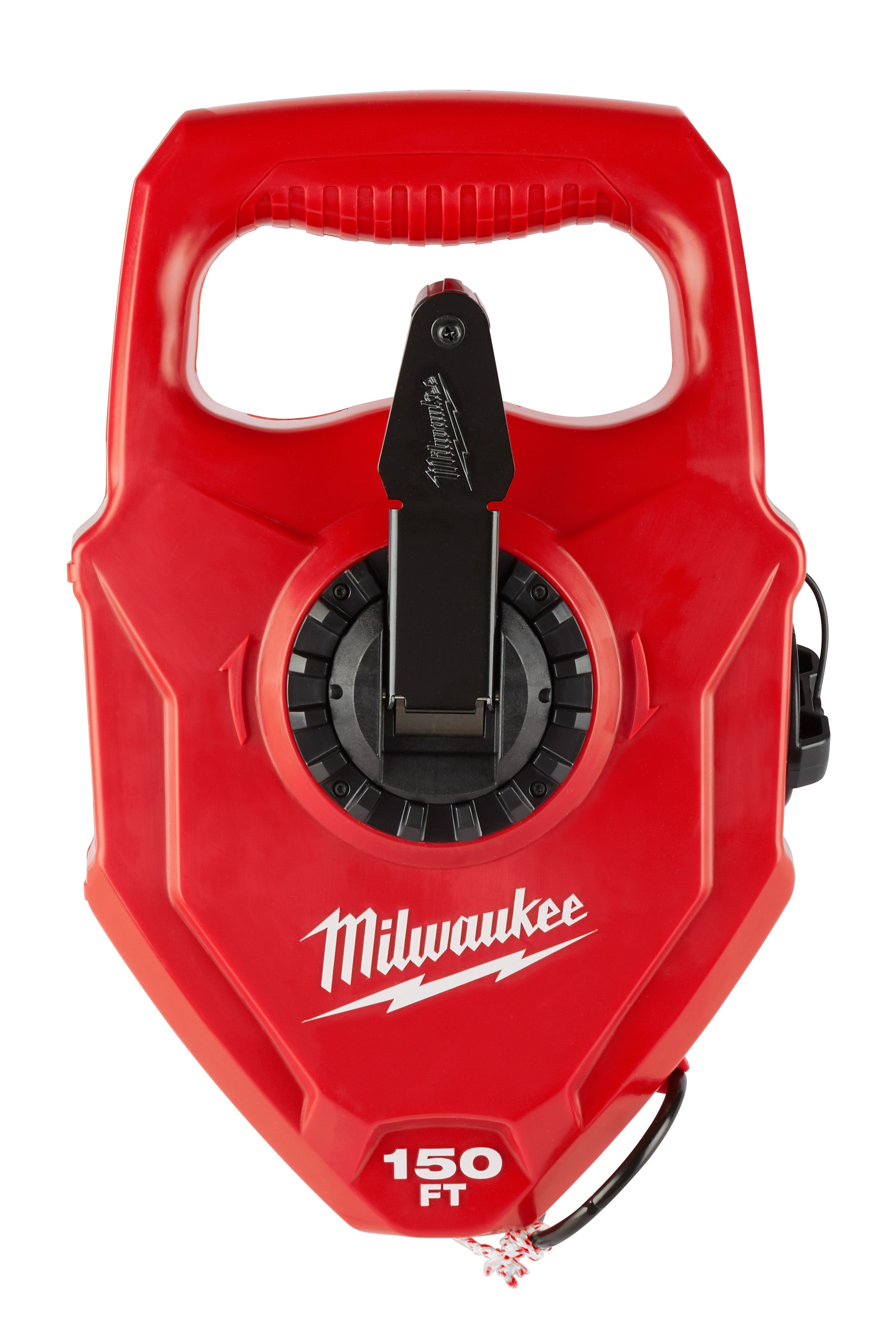 Red Milwaukee chalk reel with black center mechanism, dual handles, and 150 ft capacity marking on housing.