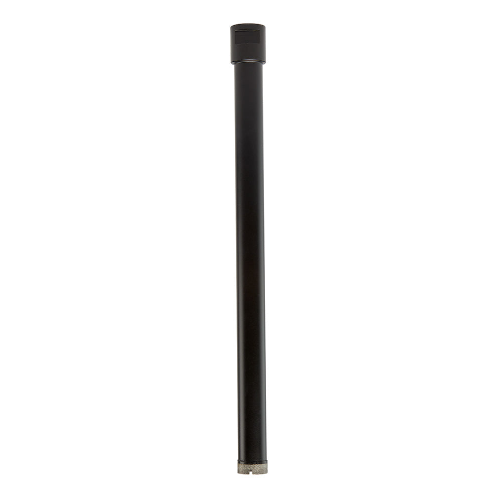 Black cylindrical diamond core bit with segmented diamond-coated cutting head at the base and connection collar at the top.