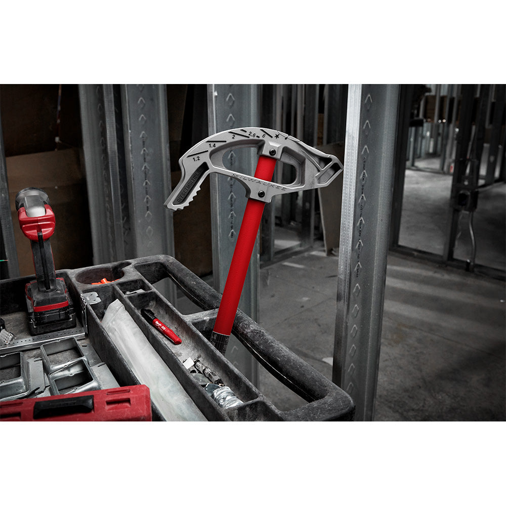 Silver and red aluminum conduit bender tool with degree markings on curved head and red handle grip.