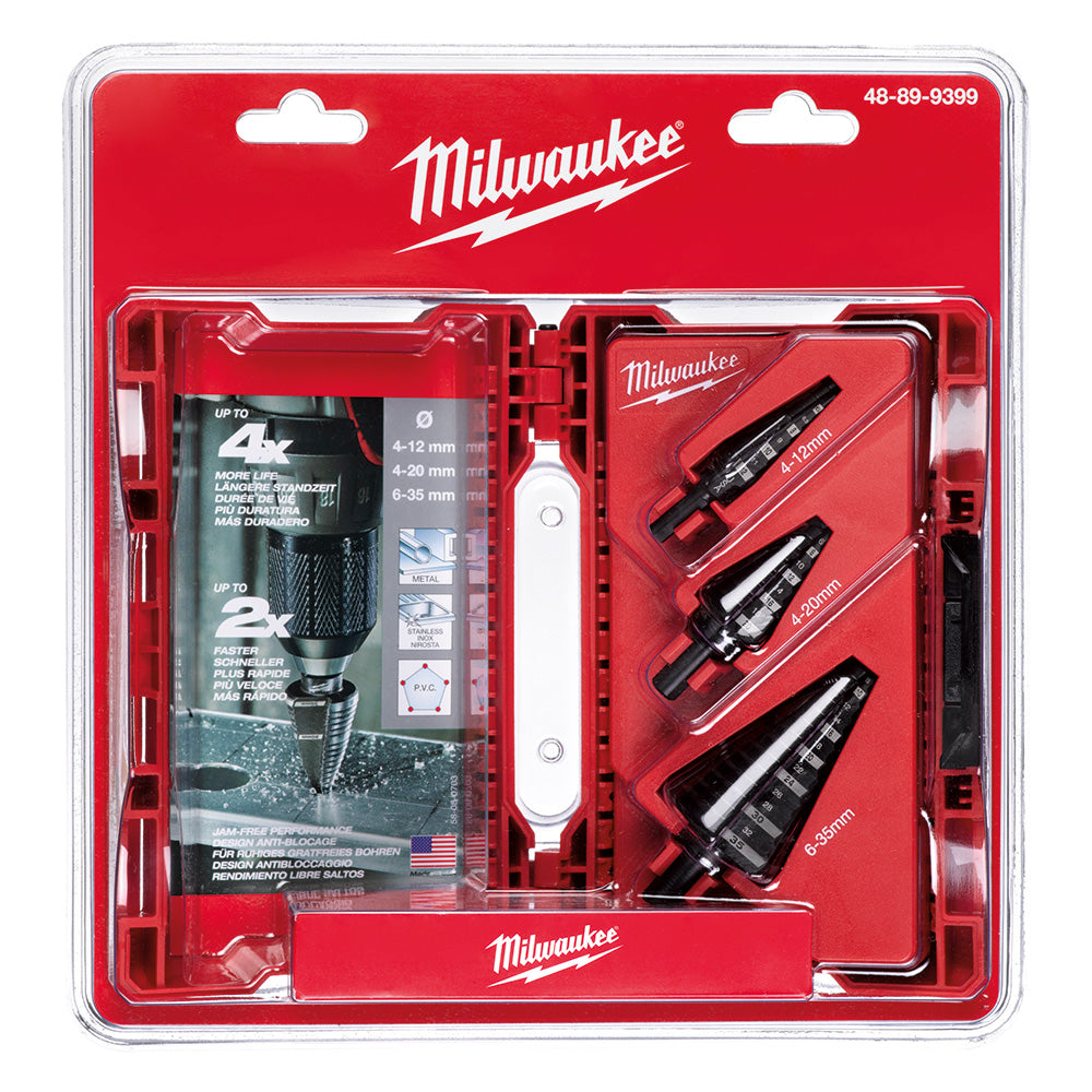Milwaukee metric step drill bit set containing three bits with sizes 4-12mm, 4-20mm, and 6-35mm in red plastic case.