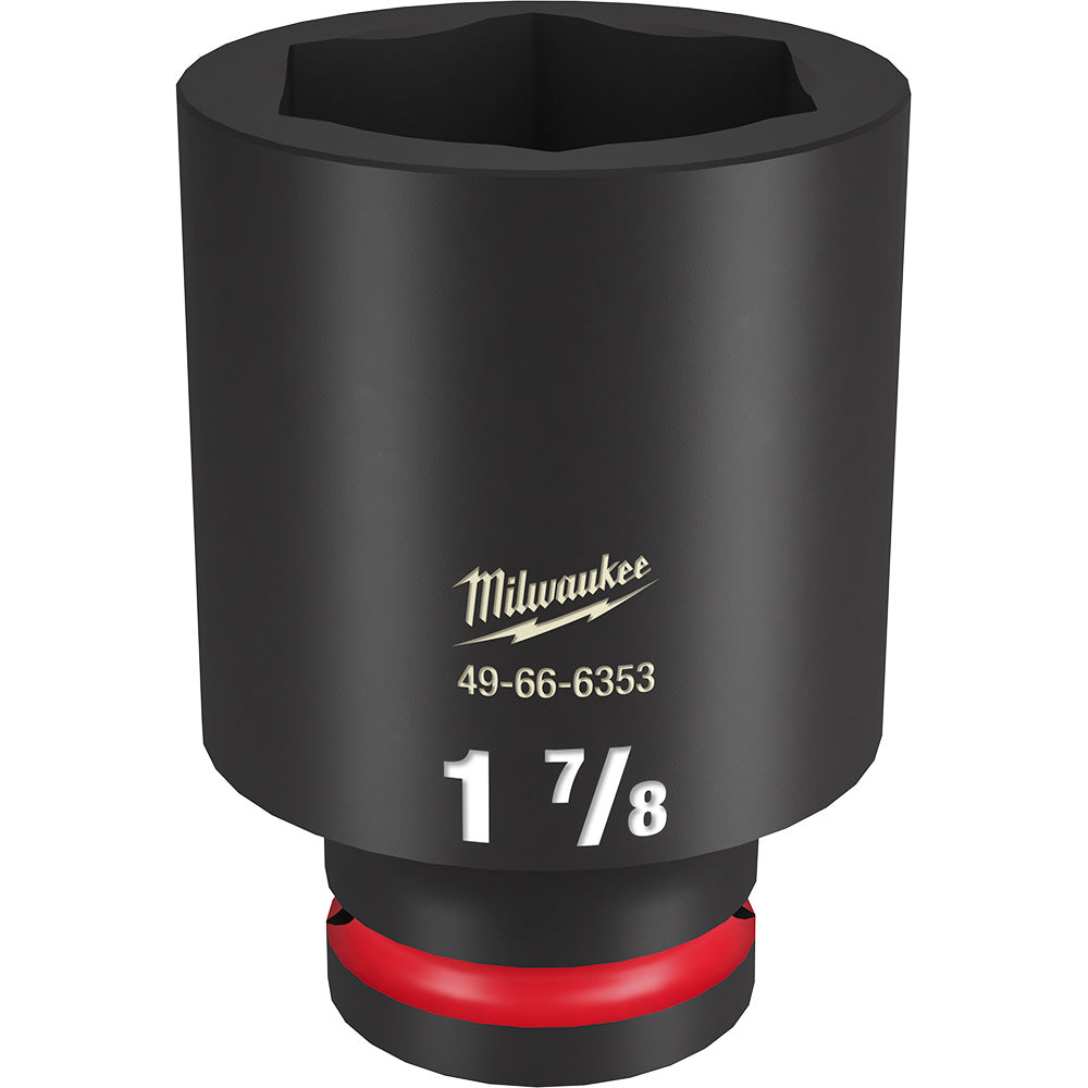Black 3/4" drive deep socket with 6-point opening, 1-7/8" size, red grip band at base.