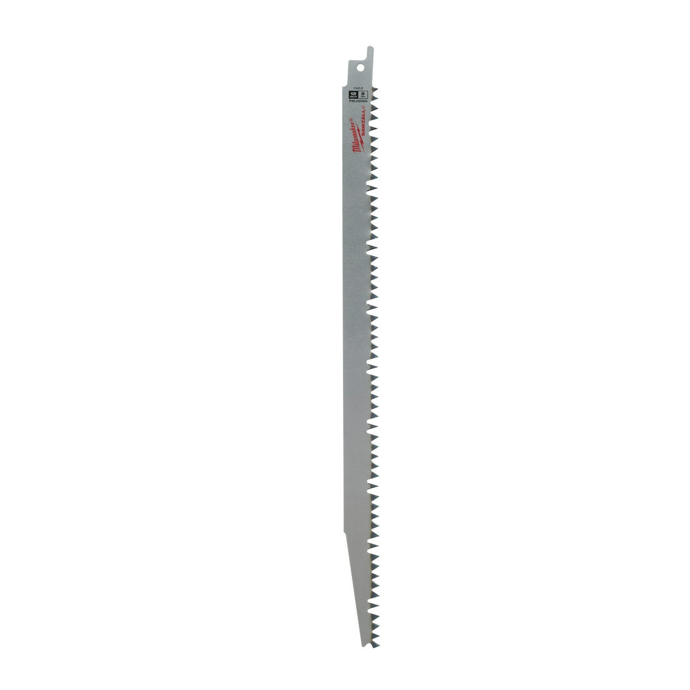 Gray Milwaukee SAWZALL blade with mounting clip and coarse teeth along cutting edge.