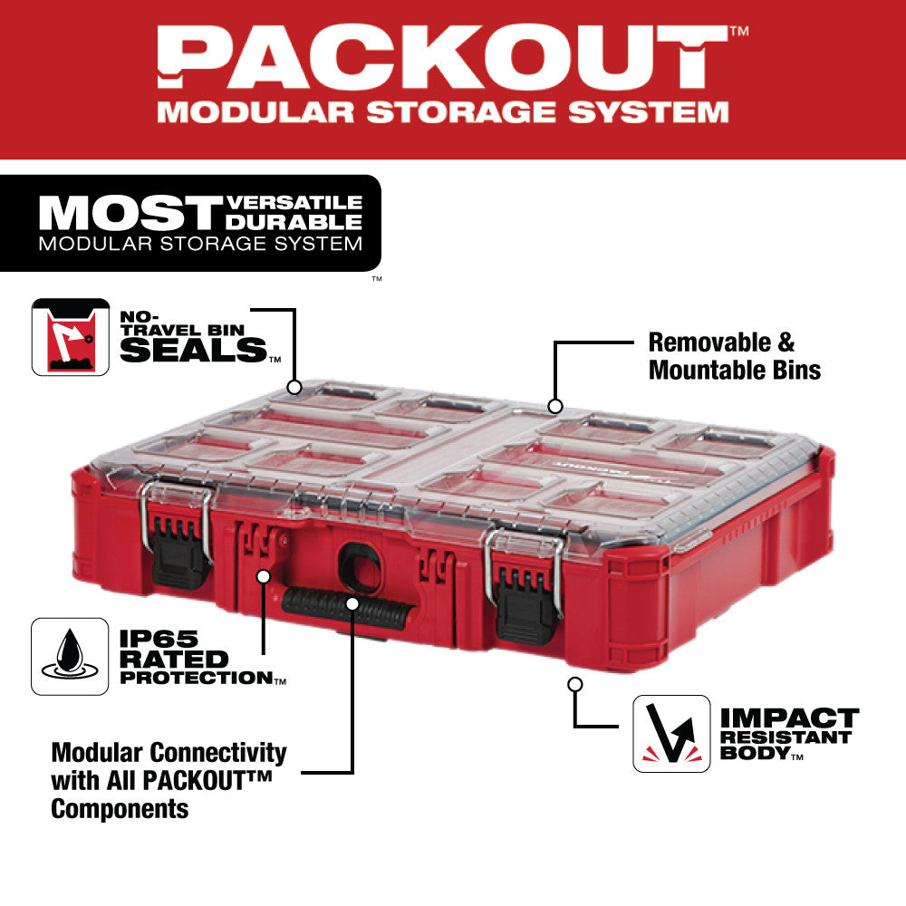 Red PACKOUT organizer with removable compartmented bins, black handles, and IP65 water protection rating.