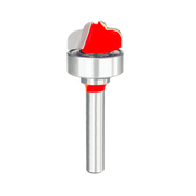 Router bit with red double cove cutting head, top bearing, and cylindrical metal shaft.