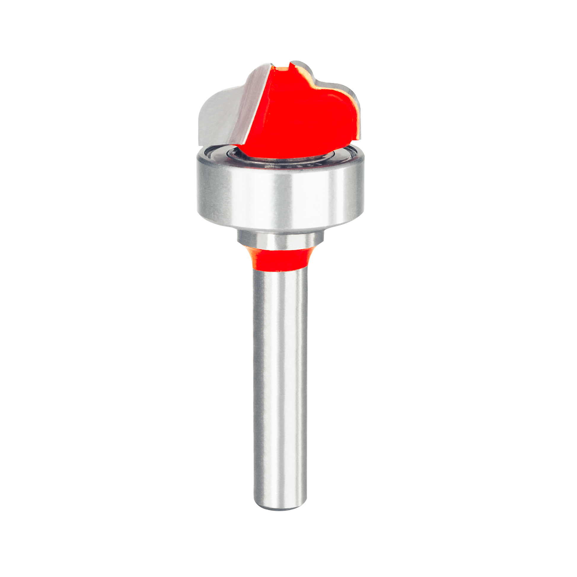 Router bit with red double cove cutting head, top bearing, and cylindrical metal shaft.