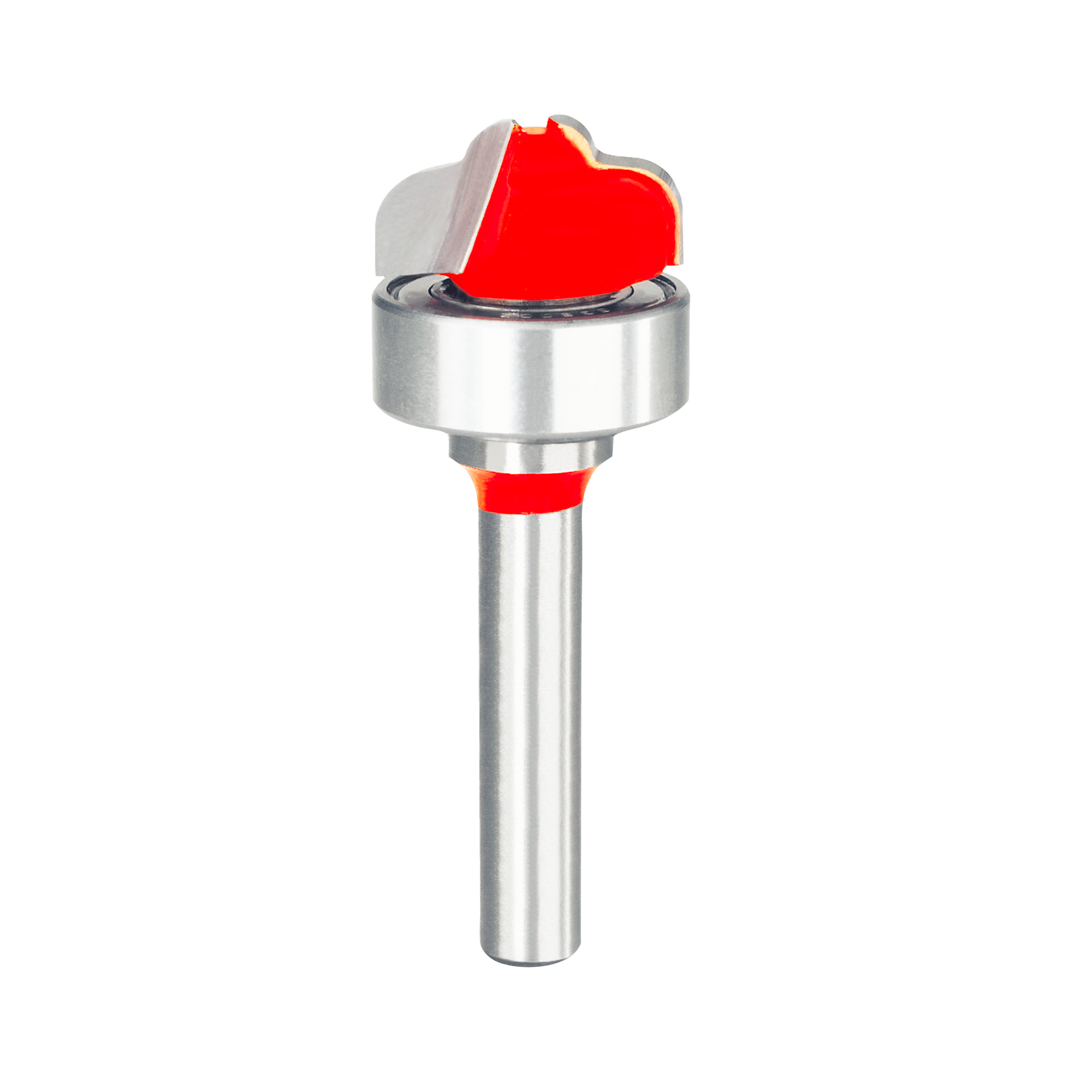Router bit with red double cove cutting head, top bearing, and cylindrical metal shaft.