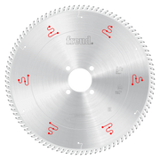 Freud 470mm circular saw blade with silver steel body, white center hole, fine teeth around perimeter, and red wavy logos spa