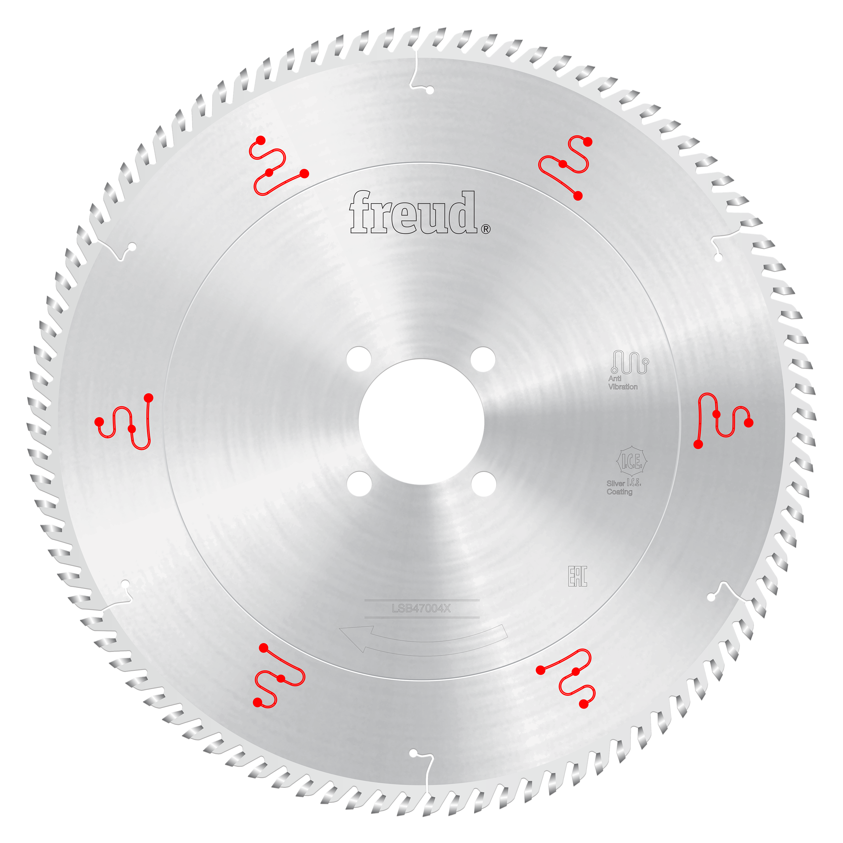 Freud 470mm circular saw blade with silver steel body, white center hole, fine teeth around perimeter, and red wavy logos spa