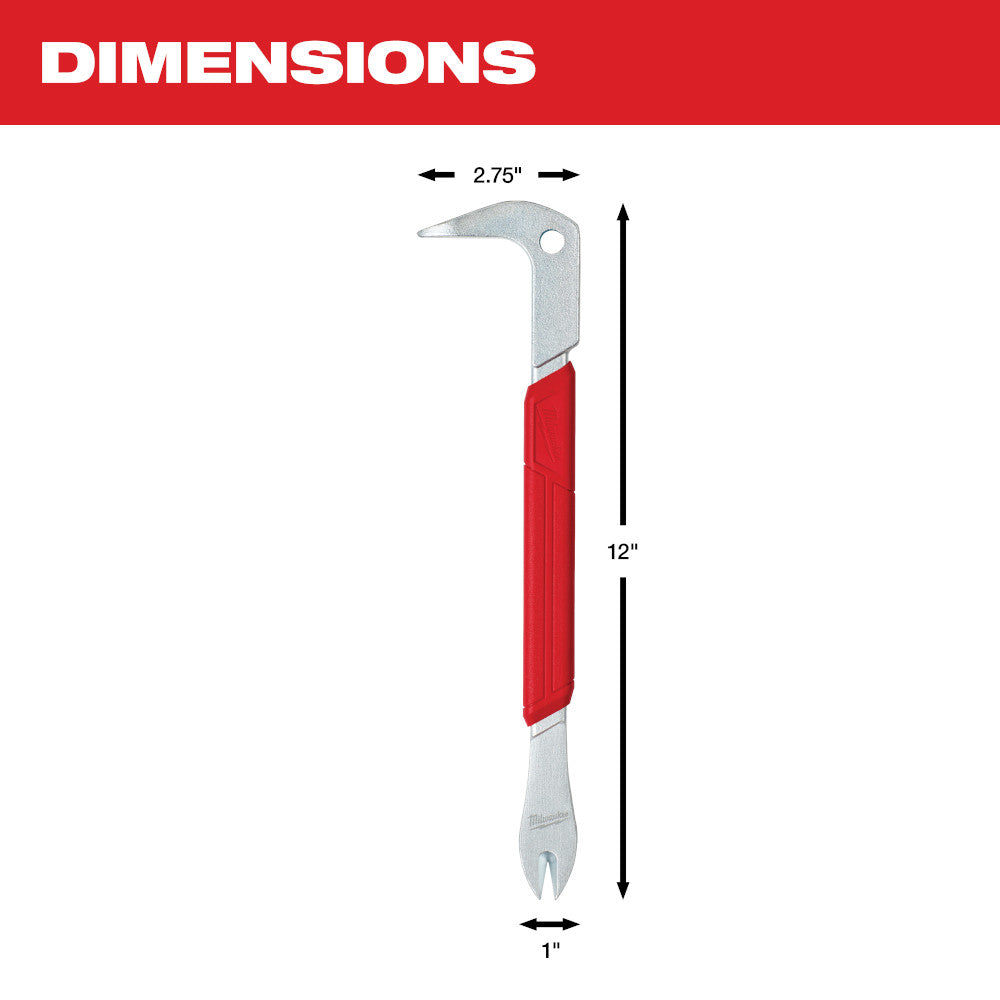12-inch nail puller with metal head and claw, red grip handle, 2.75 inches wide.