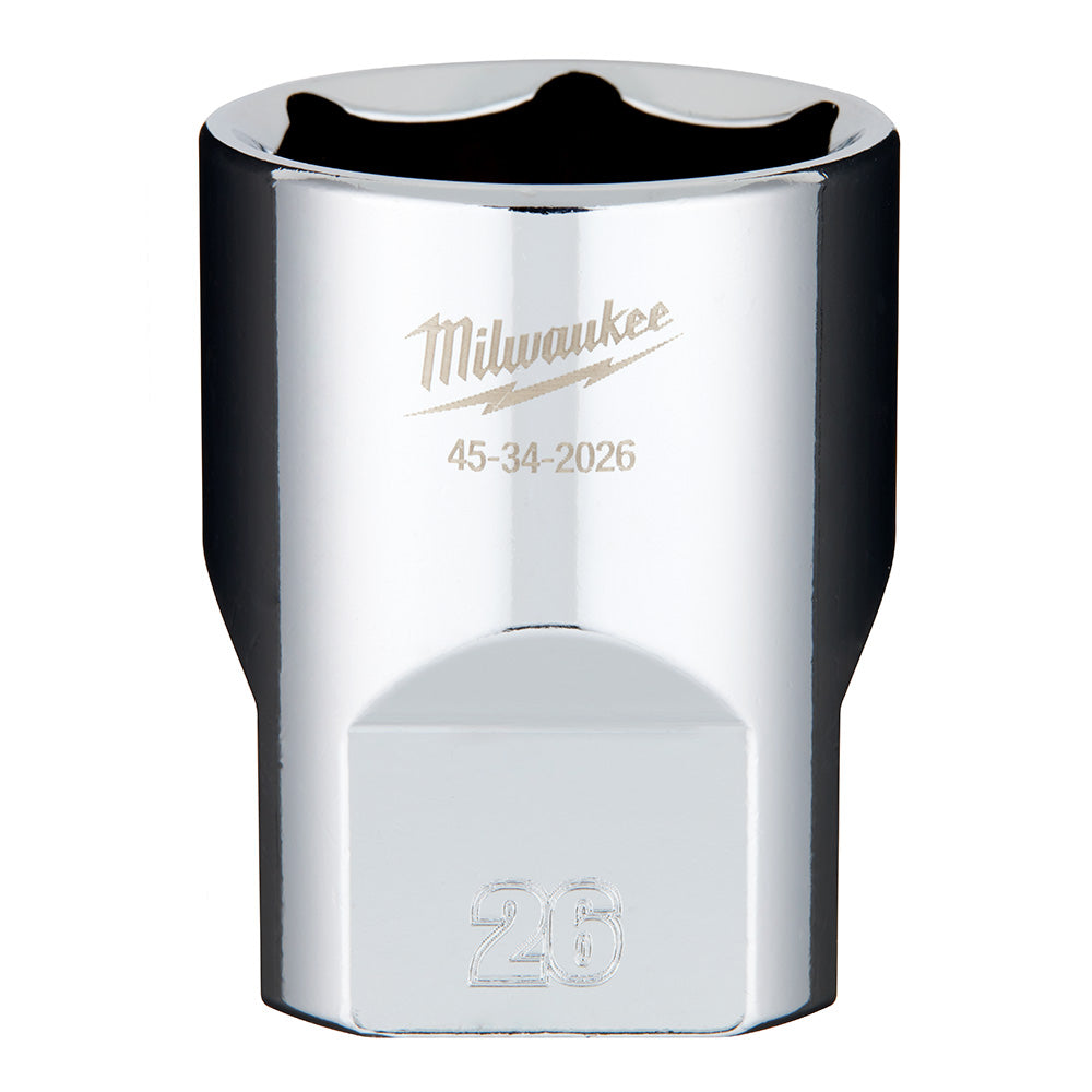 Milwaukee chrome socket with 1/2" drive, 26mm size, engraved with model number 45-34-2026.