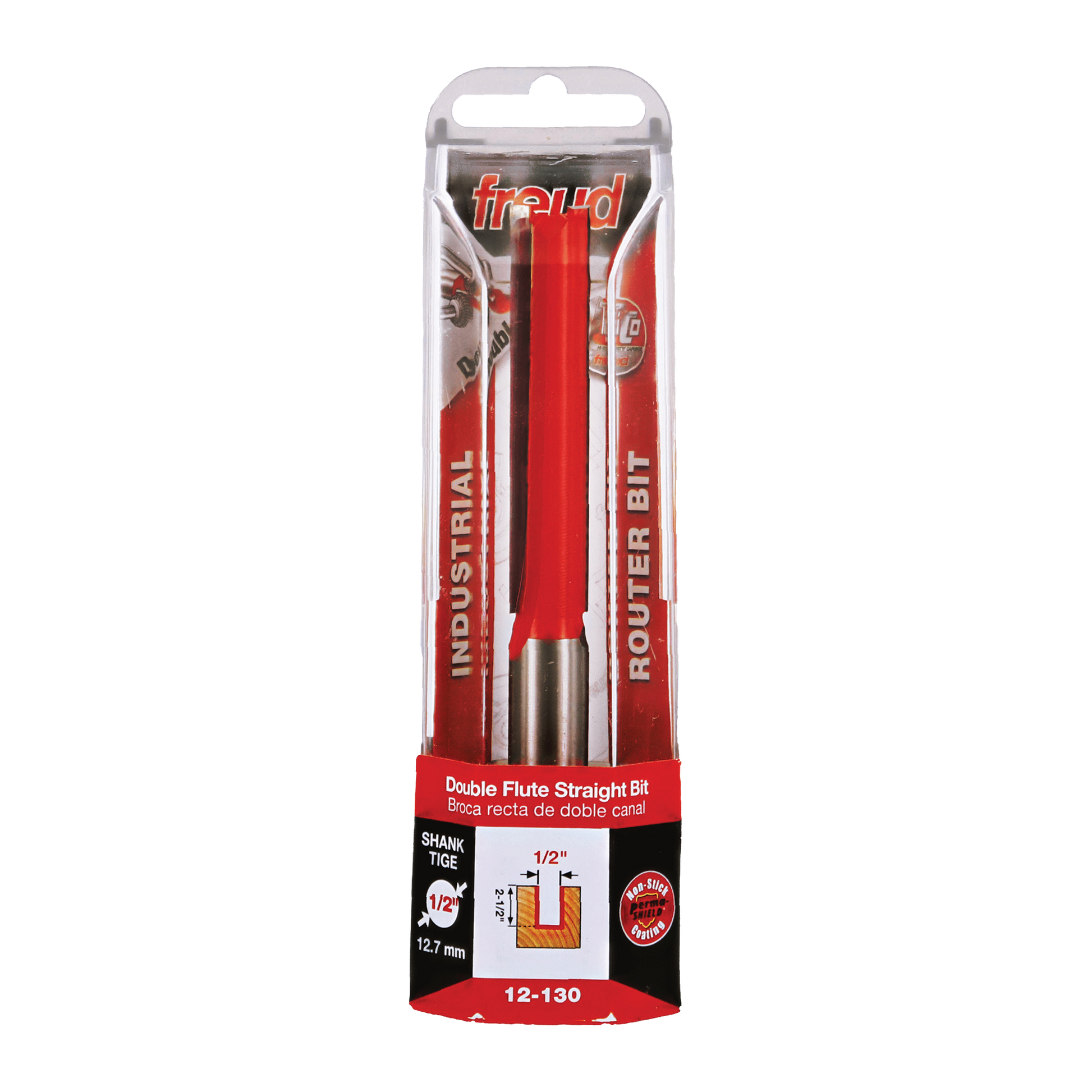 Red and silver router bit with 1/2" diameter double flute straight cutting head in clear plastic clamshell packaging.