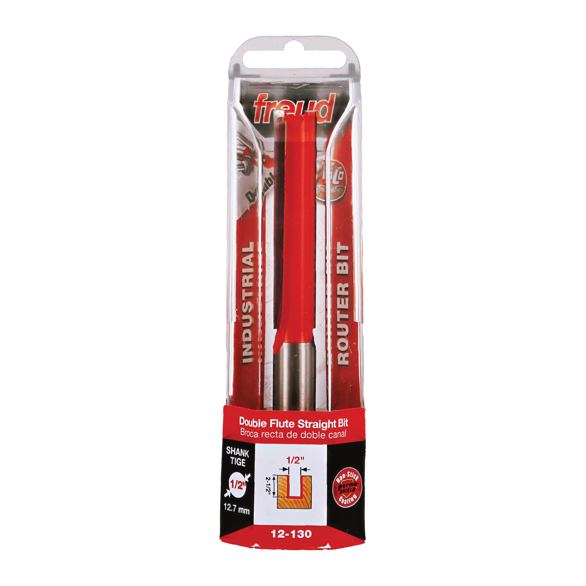 Red and silver router bit with 1/2" diameter double flute straight cutting head in clear plastic clamshell packaging.
