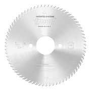 Freud LI27MDC3 circular saw blade with scoring teeth and center arbor hole, marked "Made in Italy."