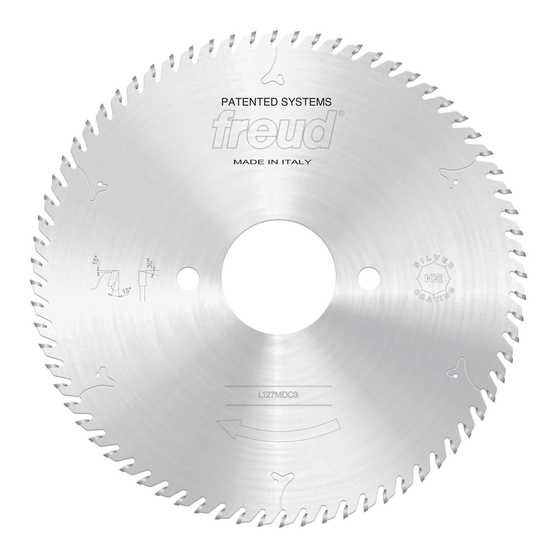 Freud LI27MDC3 circular saw blade with scoring teeth and center arbor hole, marked "Made in Italy."