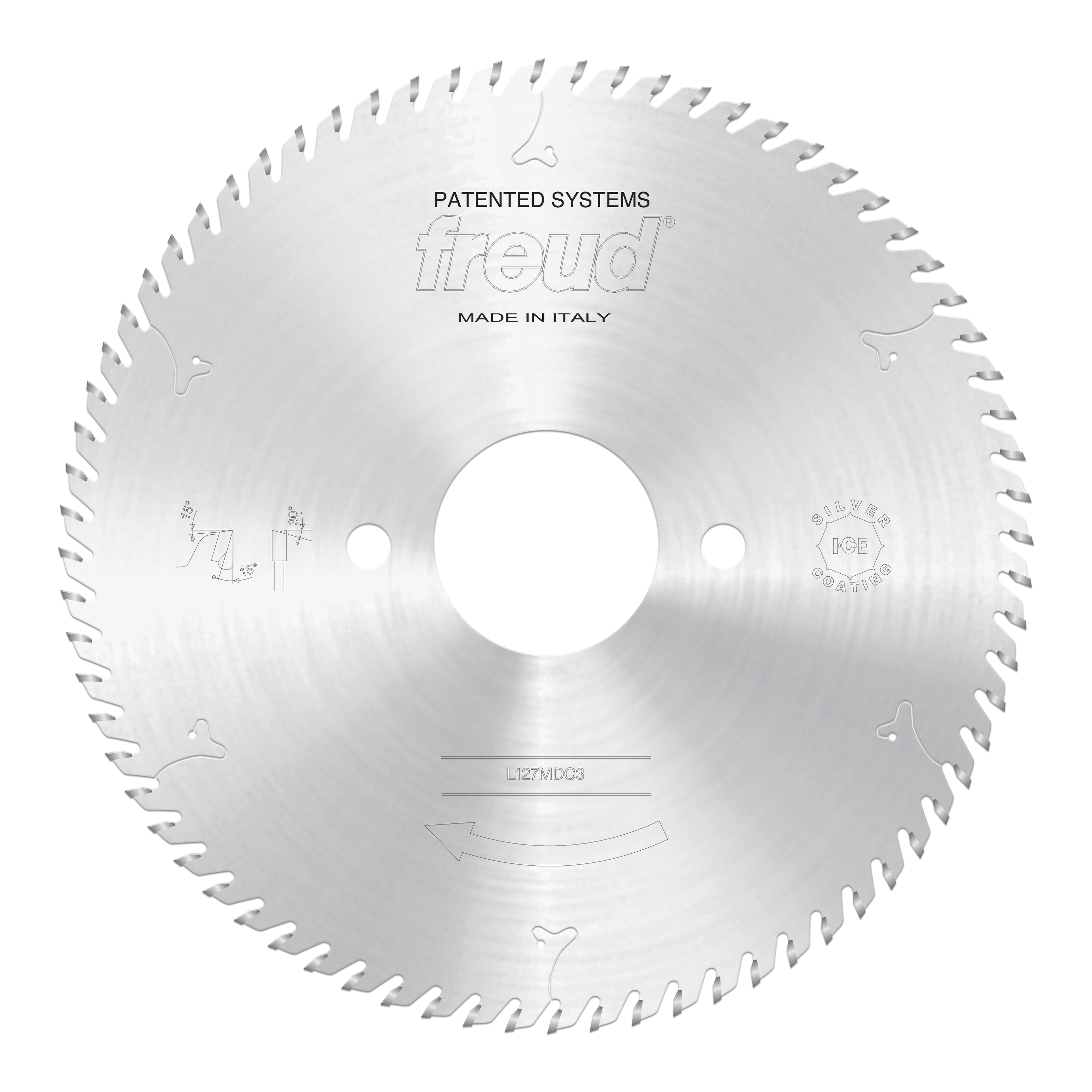Freud LI27MDC3 circular saw blade with scoring teeth and center arbor hole, marked "Made in Italy."