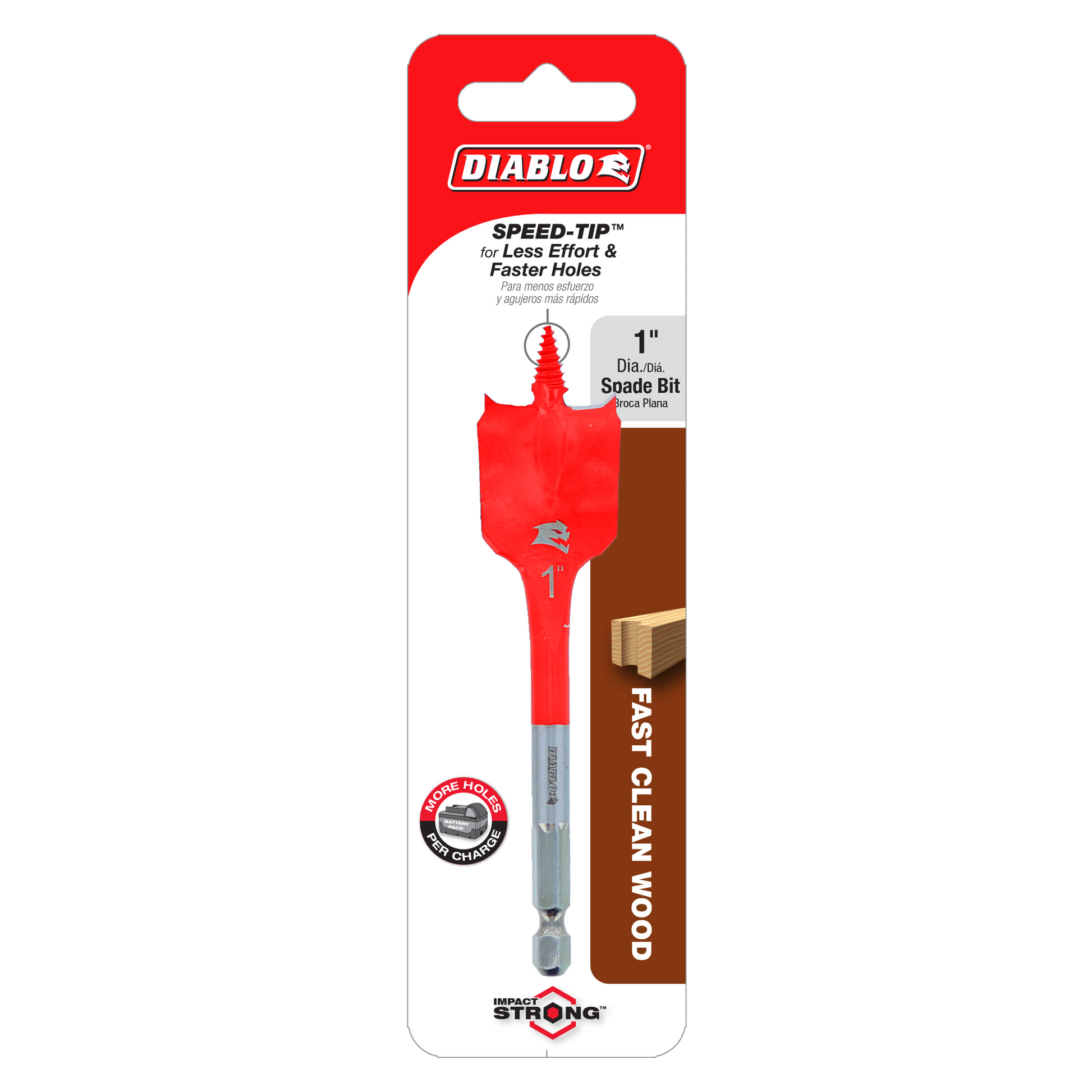 Red and gray Diablo 1 inch spade bit with flat blade tip in original packaging.