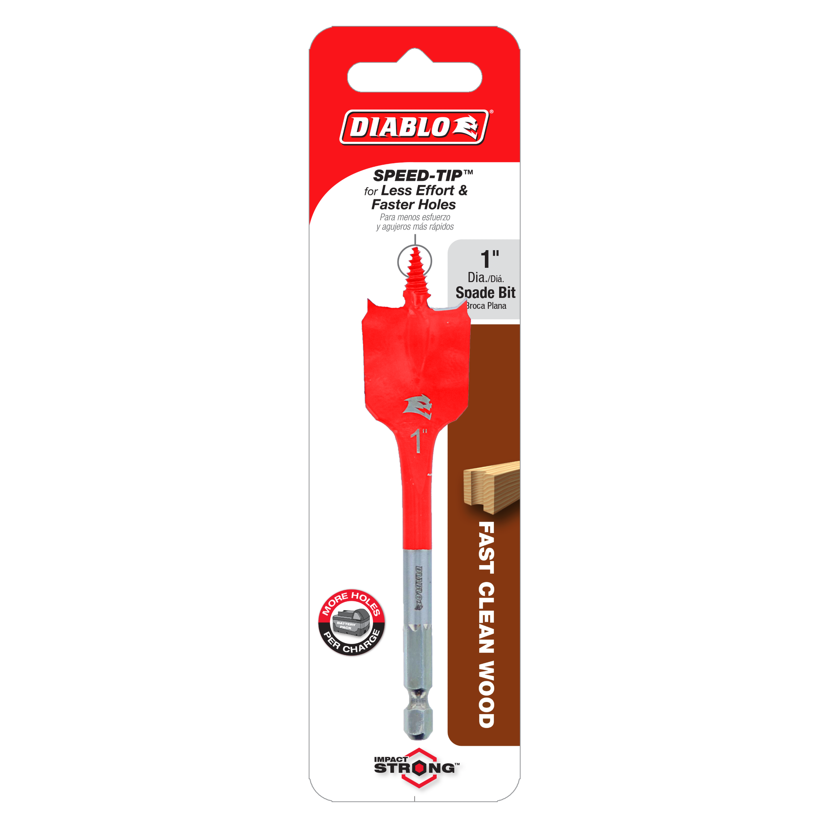 Red and gray Diablo 1 inch spade bit with flat blade tip in original packaging.