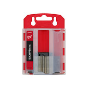 Red and black Milwaukee utility knife blade dispenser carton containing 50 metal blades.