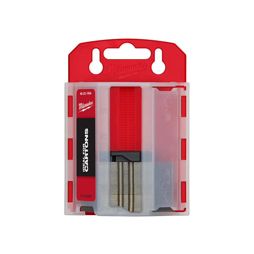 Red and black Milwaukee utility knife blade dispenser carton containing 50 metal blades.