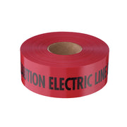 Red tape roll with "CAUTION ELECTRIC LINE" printed in black text on surface.
