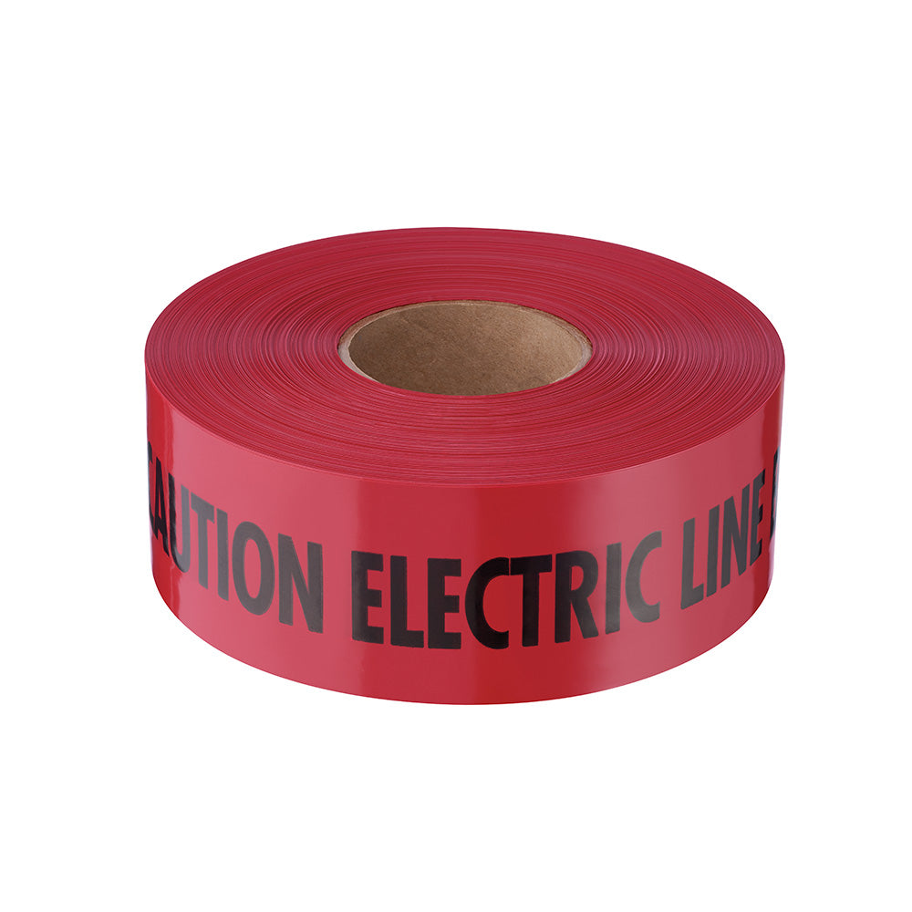 Red tape roll with "CAUTION ELECTRIC LINE" printed in black text on surface.