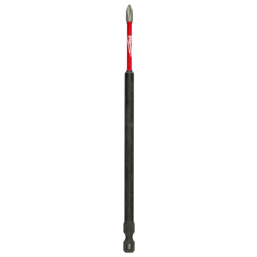 Long Phillips #1 impact driver bit with red stripe, black shaft, and gray tip.