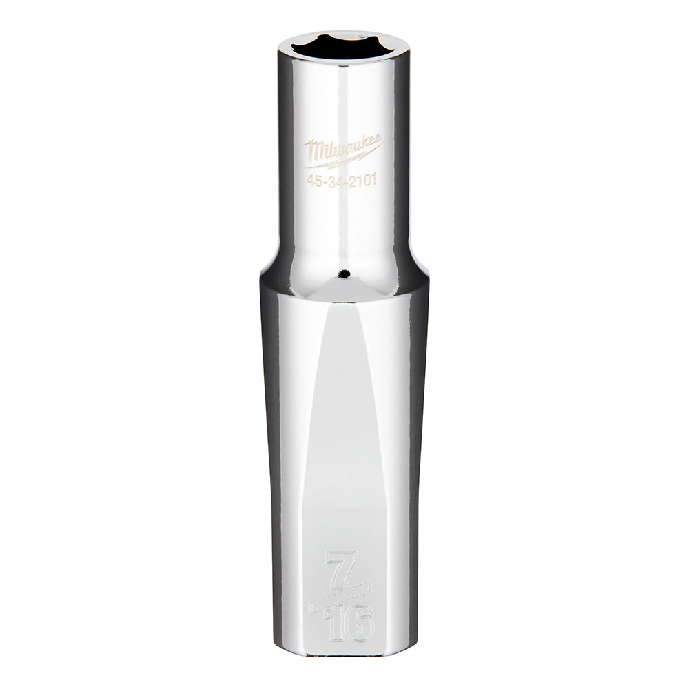 Milwaukee 1/2" drive deep socket with hexagonal opening, chrome finish and model number engraved on shaft.