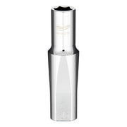 Milwaukee 1/2" drive deep socket with hexagonal opening, chrome finish and model number engraved on shaft.