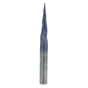 Tapered ball tip router bit with blue-coated cutting end and metallic shank, approximately 6.2 inches long.