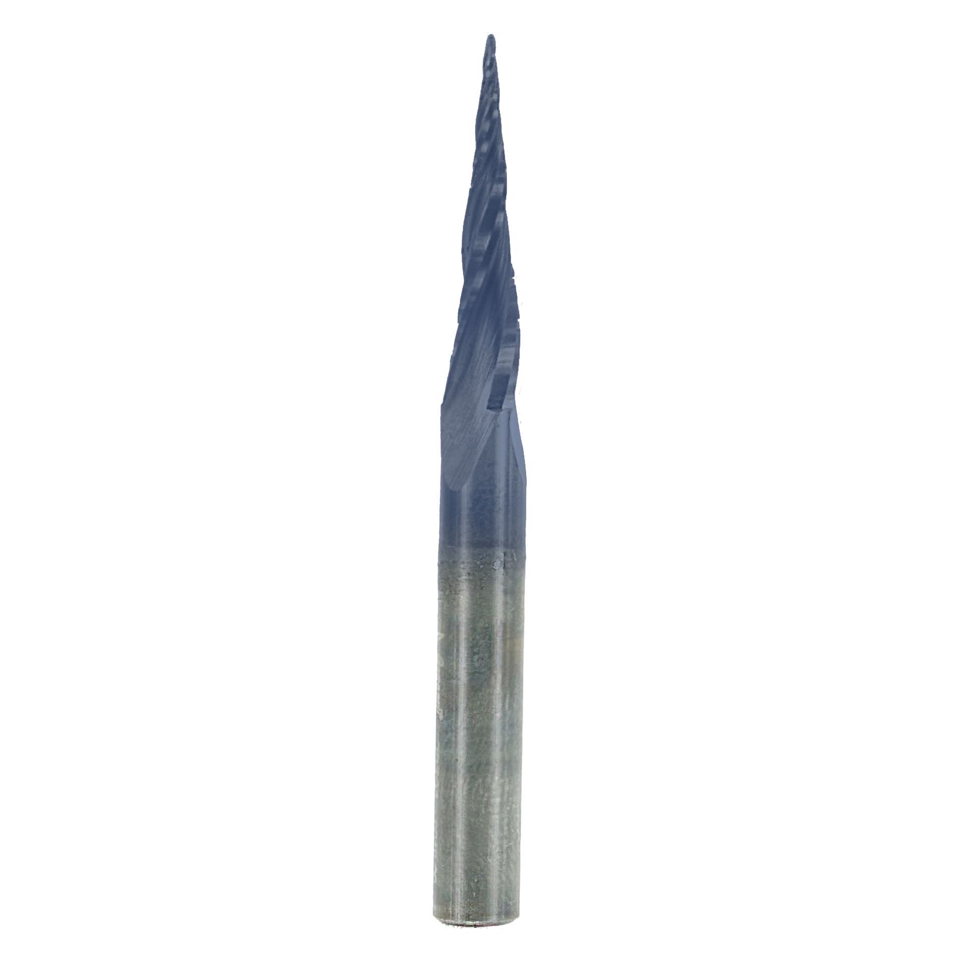 Tapered ball tip router bit with blue-coated cutting end and metallic shank, approximately 6.2 inches long.