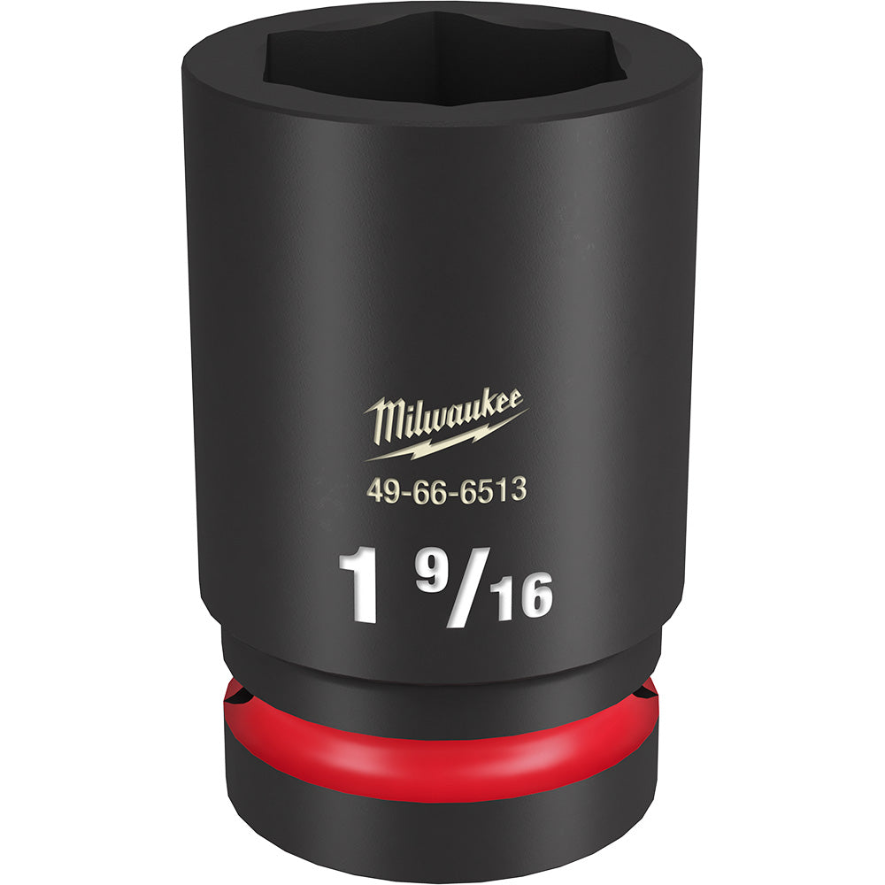 Black Milwaukee deep socket with 1-9/16" size marking, hexagonal opening, and red grip band at base.