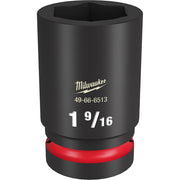 Black Milwaukee deep socket with 1-9/16" size marking, hexagonal opening, and red grip band at base.