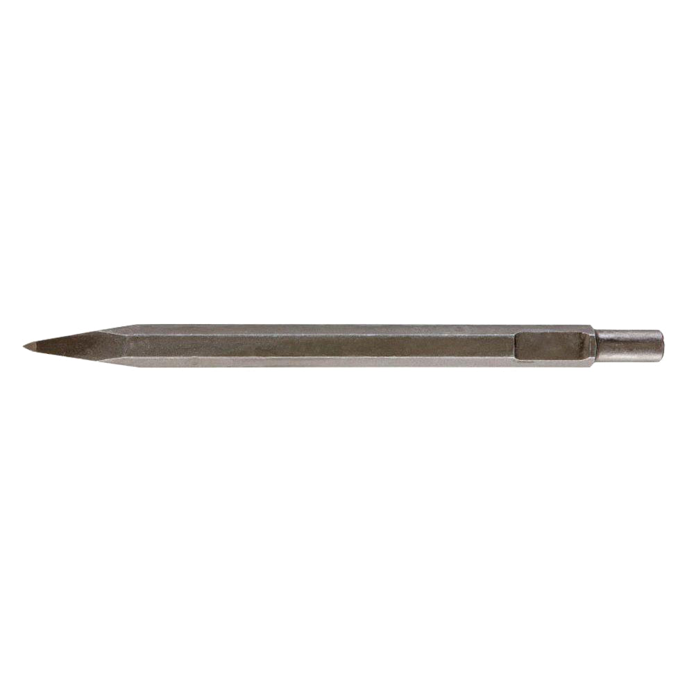 Long gray metal chisel with pointed tip and spline shank for pneumatic tools.