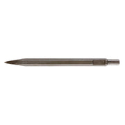 Long gray metal chisel with pointed tip and spline shank for pneumatic tools.